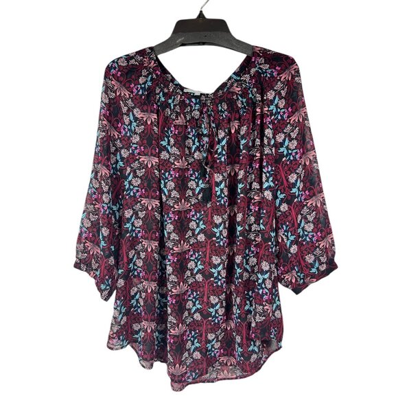 Daniel Rainn Womens Floral Print 3/4 Sleeve Blouse Size Extra Small Black & Burg - Picture 2 of 14